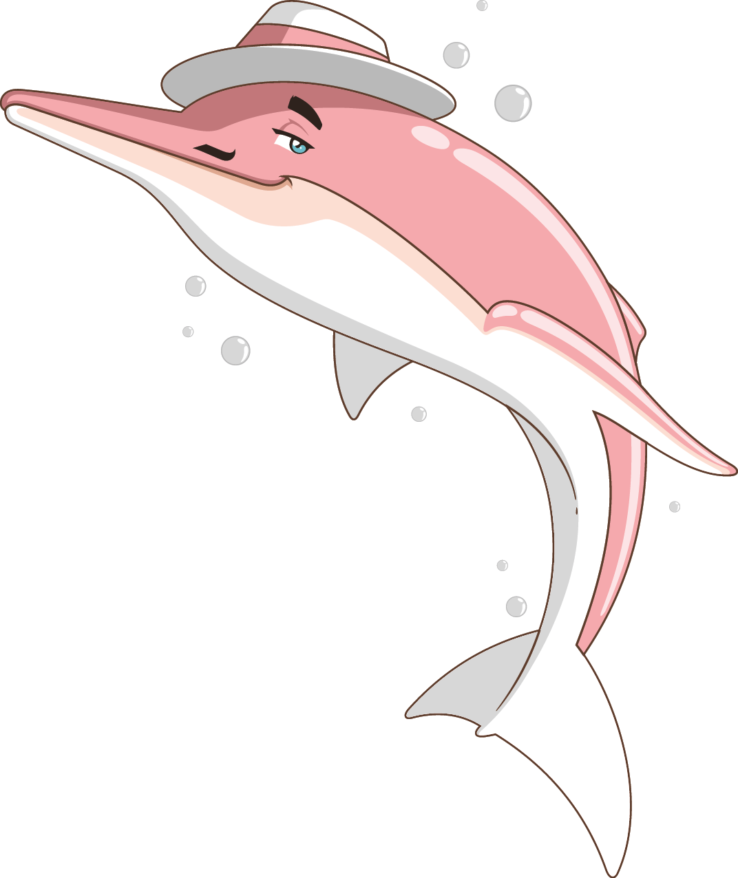 Ilustração. Um boto cor-de-rosa, animal com o corpo de formato similar a um golfinho, com o dorso em rosa, parte inferior do corpo em rosa-claro e branco, olhos em azul, sobrancelhas e um bigode pequeno em preto. Sobre a cabeça, um chapéu branco, com faixa ao meio em rosa. Ao redor do corpo, bolhas em cinza.