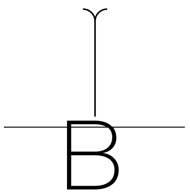 Poema visual. Uma letra B em preto, na parte inferior e acima, uma linha fina na vertical, com duas pontas para o lado, similar a letra V. Entre a letra B e na linha fina, uma reta na horizontal.