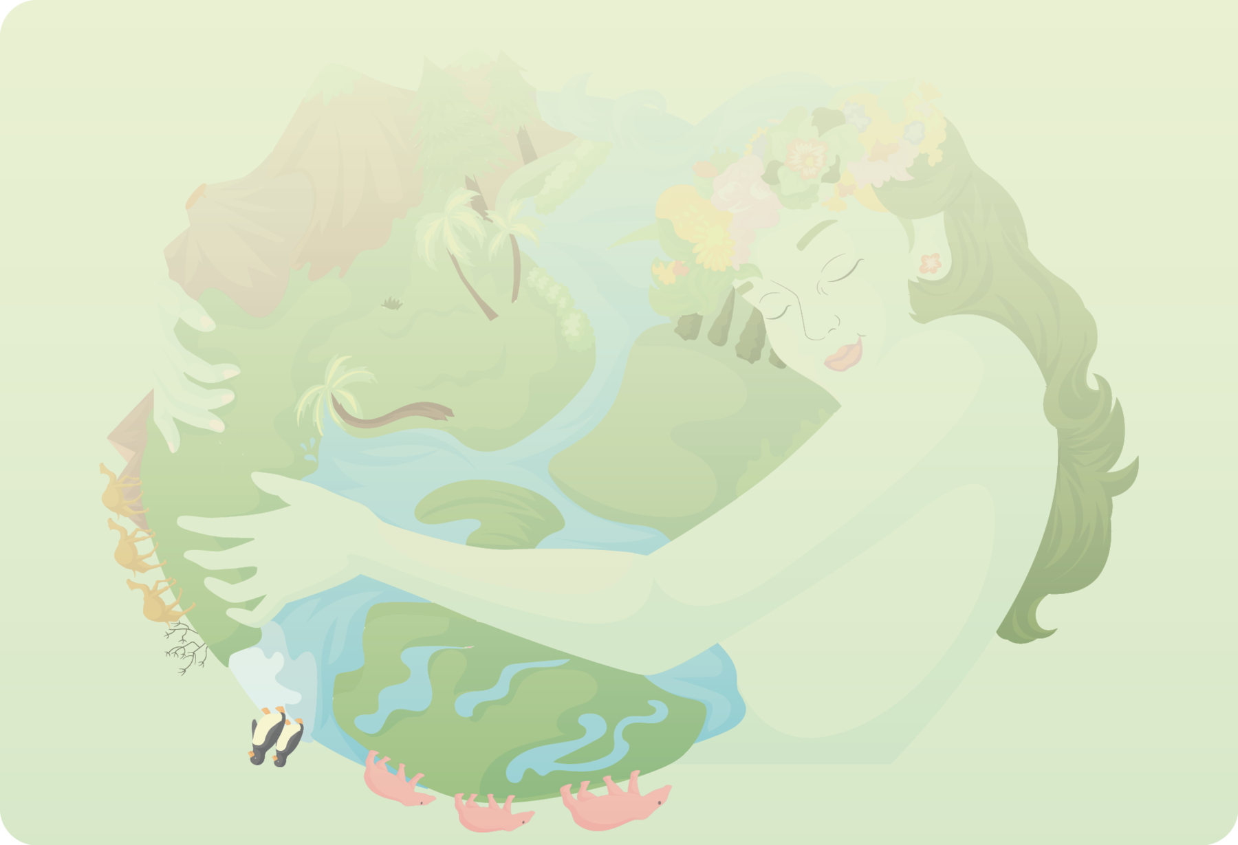 Ilustração. Em plano de fundo, uma mulher vista da cintura para cima, com o corpo para a direita, de cabelos longos escuros, com coroa de flores sobre a cabeça. Ela está de olho fechados, abraçando com os braços, uma esfera com cursos de água em azul-claro e partes com vegetação em verde e partes em marrom.