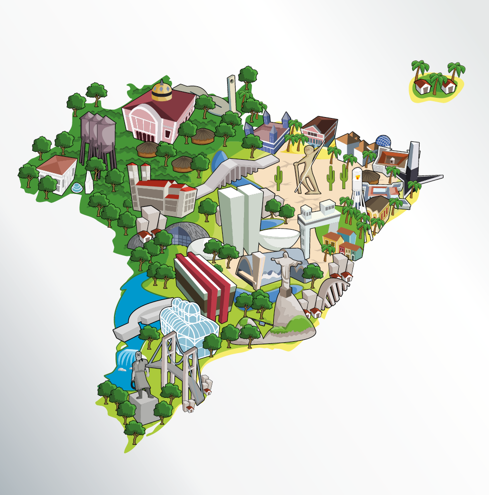 Ilustração. Vista geral de mapa do Brasil, com vegetação, rios e edificações que representam diversas regiões do país, como: MASP, em São Paulo, edificação com duas partes em vermelho na parte superior; Congresso Nacional, em Brasília, dois prédios compridos em cinza ao lado de uma semiesfera; Jardim Botânico, em Curitiba, com estrutura de metal e vidro; Cristo Redentor, no Rio de Janeiro;  Teatro Amazonas, em Manaus, edificação em rosa.