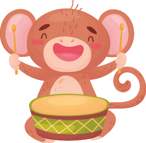 Ilustração. Um macaco pequeno de cor marrom, de orelhas arredondadas, olhos pretos fechados, boca aberta e braços abertos erguidos, segurando uma baqueta em cada mão, com um rabo longo. À frente dele, um tambor redondo em verde e parte superior em bege.