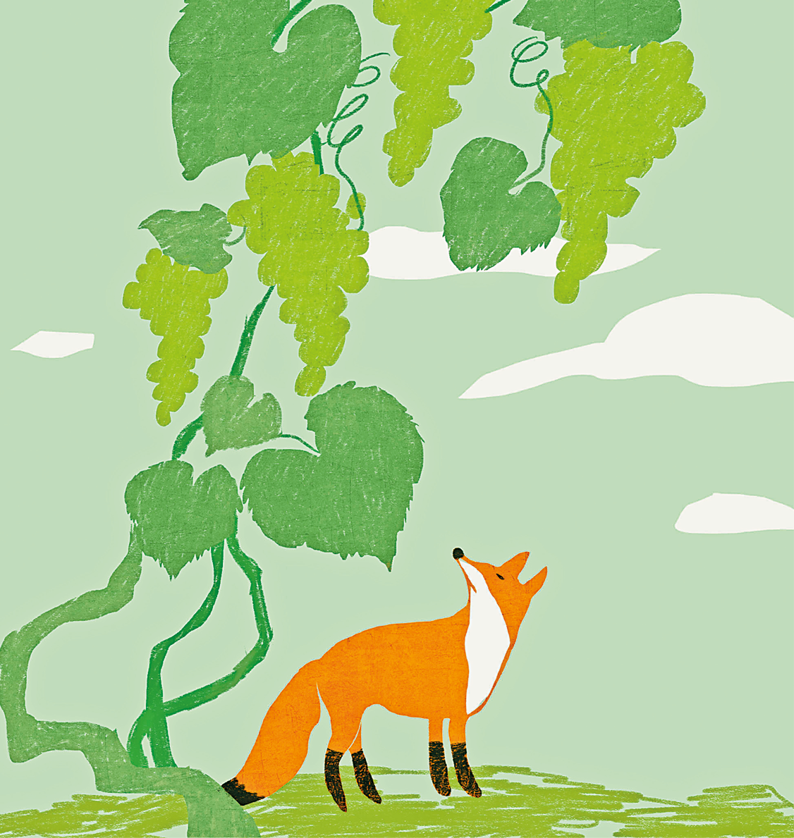Ilustração. Em um local aberto, à esquerda, uma planta com caules longos e folhas em verde. Perto dela, uma raposa de pelos laranjas, com o focinho e pescoço em branco, patas e ponta de cauda em preto. Ela olha para a esquerda. Ao fundo, céu em verde e nuvens brancas.
