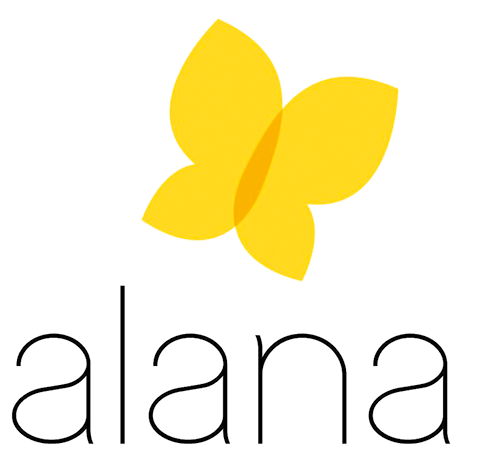 Reprodução de logotipo. Logotipo do Instituo Alana: na parte superior, uma borboleta em amarelo. Na parte inferior, texto em preto: alana.