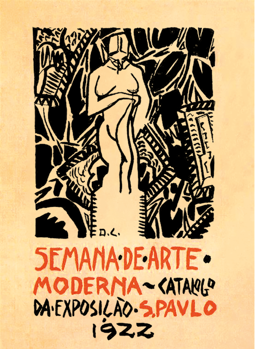 Capa de catálogo. Capa de catálogo de cor bege claro. Ao centro, ilustração em preto e bege, uma estátua de uma pessoa em pé, com o braço direito sobre o ventre. Na parte inferior, texto: SEMANA DE ARTE MODERNA CATALOGO DA EXPOSIÇÃO  S. PAULO 1922.