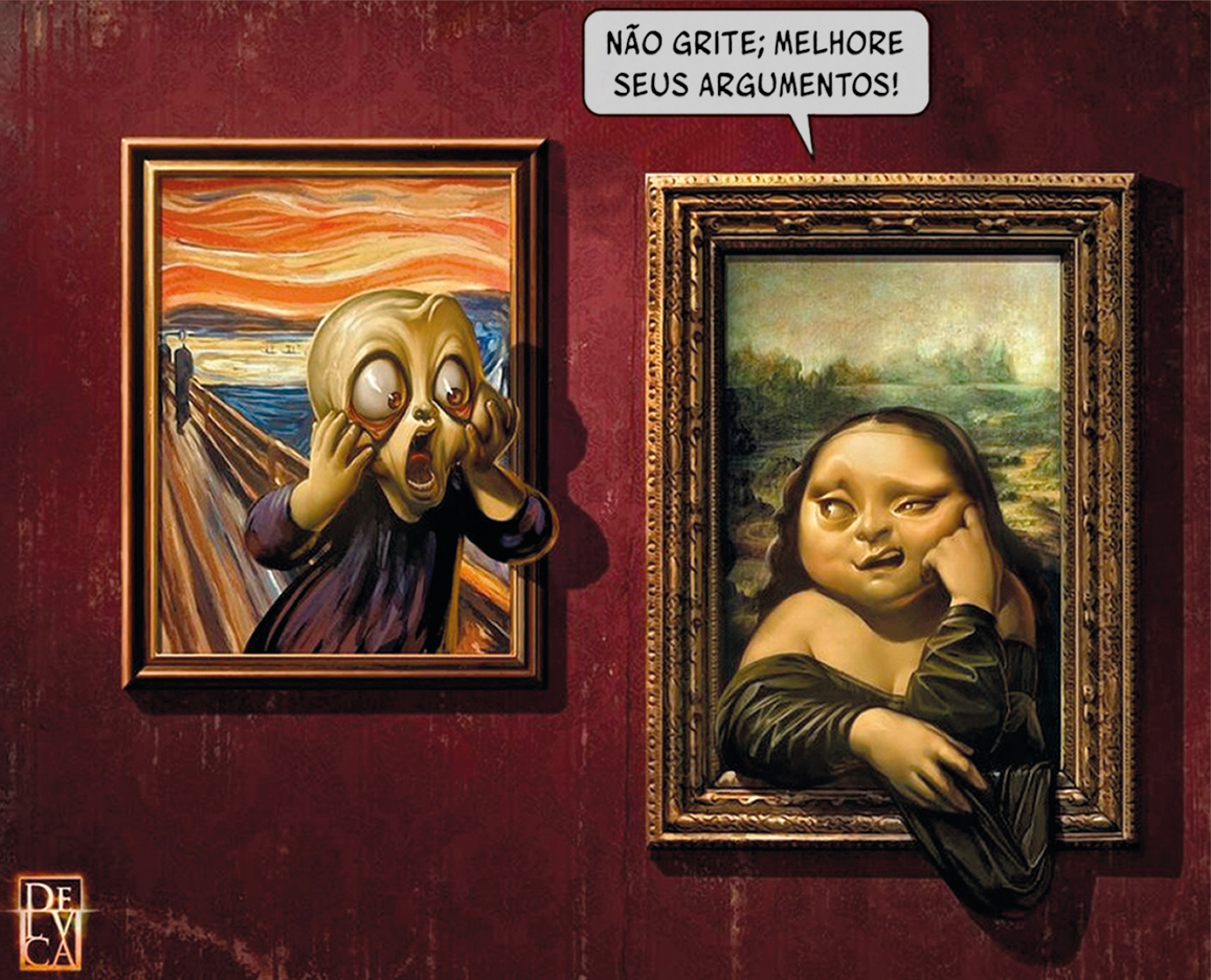 Meme. Parede em vermelho-escuro, dois quadrados pendurados com moldura em tons de dourado. À esquerda, quadro com uma ponte com pinceladas em tons de marrom e laranja. À frente, uma pessoa vista da cintura para cima, careca, de vestes longas em preto, mãos sobre as bochechas, olhos arregalados e boca bem aberta. Mais ao fundo, sombra de duas pessoas em preto. À direita, local em azul, morros em cinza e na parte superior em laranja-escuro com nuvens esparsas em laranja-claro. No outro quadro, à direita, uma mulher vista da cintura para cima de cabelos longos em castanho, vestes longas em marrom-escuro. Ela está com o braço direito sobre a moldura do quadro e mão esquerda sobre a bochecha. Ela olha para a esquerda, em direção à pessoa do quadro da esquerda e diz: NÃO GRITE. MELHORE SEUS ARGUMENTOS!