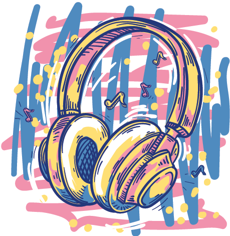 Ilustração. Um fone de ouvido em tons de amarelo, com partes e detalhes em azul e rosa-claro. Ao fundo, rabiscos na vertical em azul e na horizontal em rosa-claro.