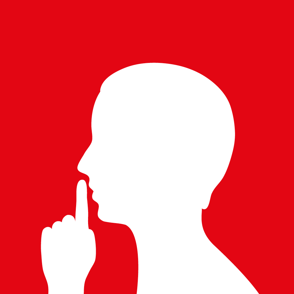 Ilustração. Fundo em vermelho. Ao centro, silhueta de uma pessoa com o corpo para a esquerda, dos ombros para cima. Ele está com o dedo indicador da mão esquerda, de frente para boca.