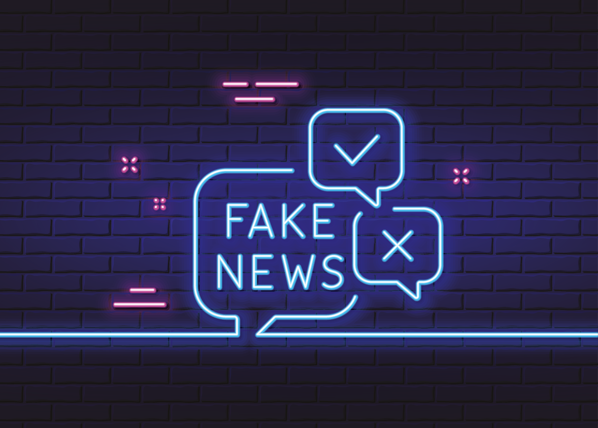 Ilustração. Fundo similar a uma parede de tijolos em azul-escuro. Sobre ele, luzes finas pequenas em rosa incandescente. Ao centro, um balão de fala em azul incandescente: FAKE NEWS. Ao lado, à direita, dois balões de fala com sinais diferentes: ícone de check e X.