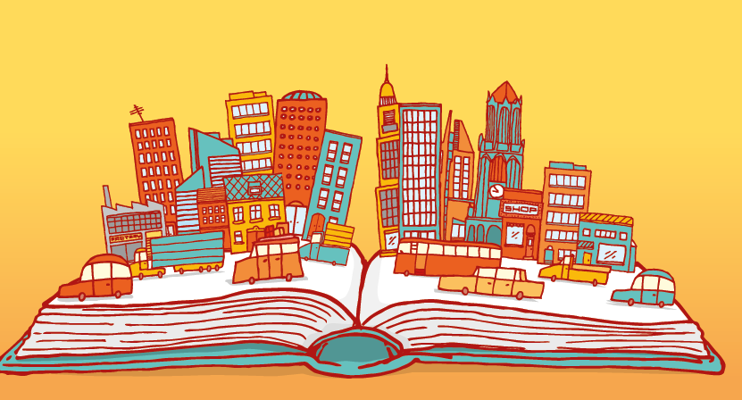 Ilustração. Um livro aberto de capa em azul-claro, folhas brancas e, sobre elas, cidade em miniatura, carros, ônibus em tons de azul, laranja e amarelo. Mais atrás, prédios na vertical. Ao fundo, parte em amarelo.