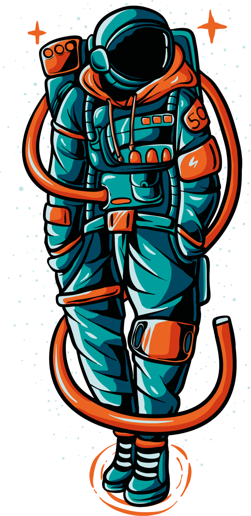 Ilustração. Um homem em pé, com roupa de astronauta em azul, com capacete em azul, vidro preto na frente, com detalhes em laranja e tubulações da mesma cor. Ele está calçado com par de tênis em azul. Na parte superior, duas estrelas na cor laranja, uma à esquerda e outra à direita.