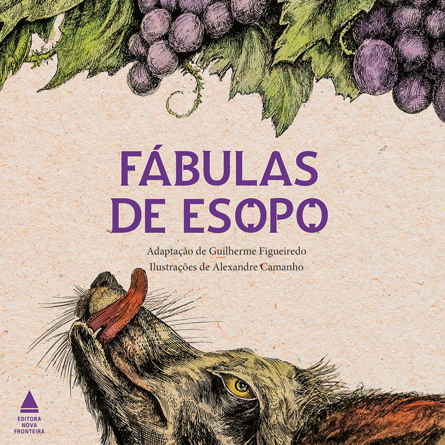 Capa de livro. Na parte inferior, uma raposa vista das orelhas para cima, com a cabeça para a esquerda, focinho fino, com a ponta da língua em vermelho para fora. Ao centro, o texto: Fábulas de Esopo, adaptação de Guilherme Figueiredo, ilustrações de Alexandre Camanho. Mais acima, cachos de uvas roxas entre caules e folhas verdes.