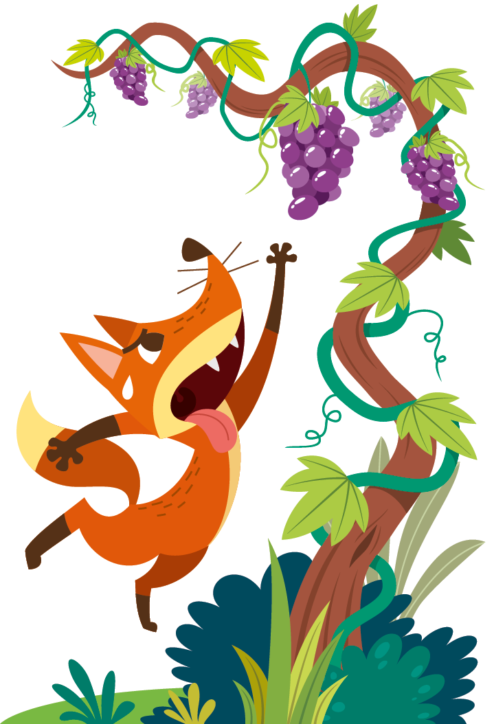 Ilustração. Uma raposa laranja, à esquerda, saltando de boca aberta, língua vermelha para fora, uma gota de suor na cara e com a pata esquerda para cima, perto de um cacho de uva em roxo, em uma parreira de tronco marrom, com caules e folhas em verde. Na parte inferior, arbustos e vegetação rasteira.