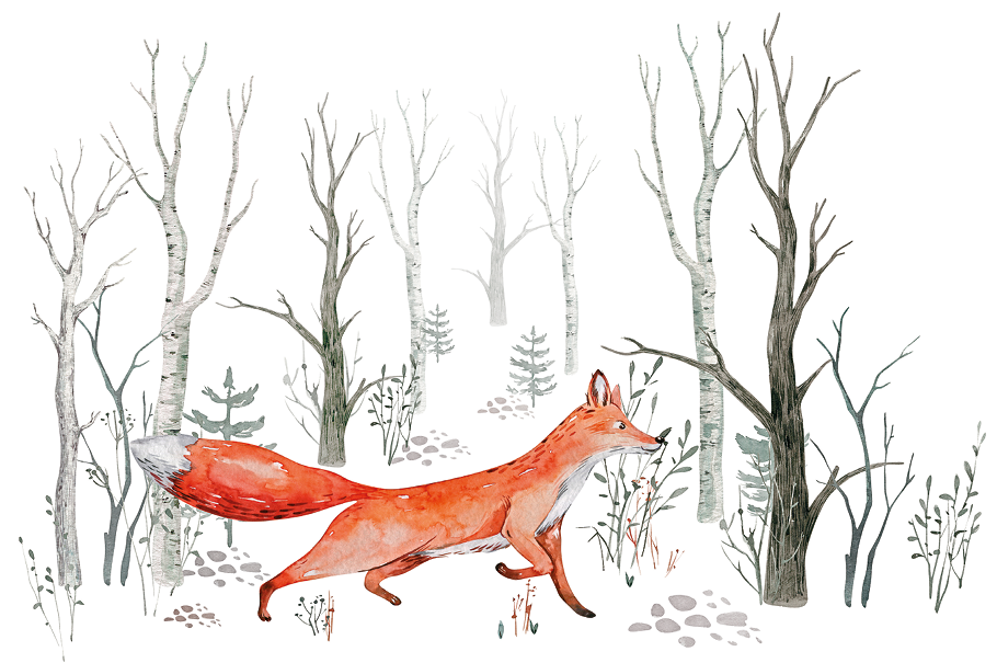Ilustração. Uma raposa de pelos em laranja, caminhando para a direita. Ela tem patas em preto e focinho fino, com orelhas pequenas e rabo peludo. Ao fundo, árvores de galhos finos em marrom, sem folhas, secos. No solo, branco de neve.