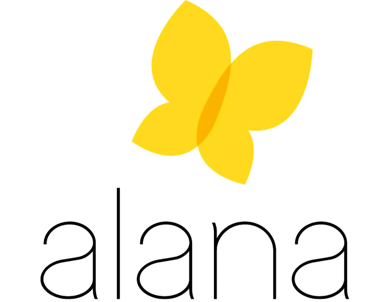 Reprodução de logotipo. Logotipo do Instituo Alana: na parte superior, uma borboleta em amarelo. Na parte inferior, texto em preto: alana.