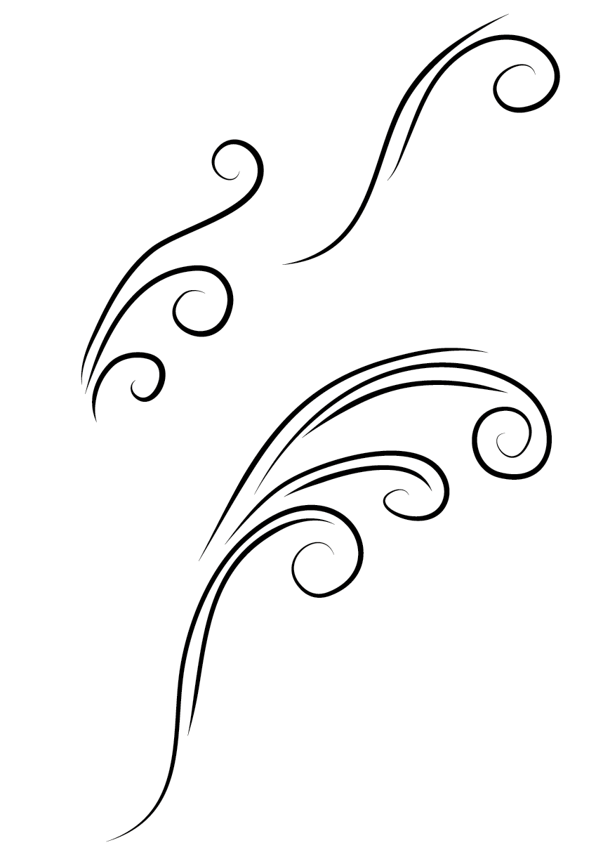 Ilustração. Três partes com linhas finas em preto e ponta enrolada, para o lado direito, como movimento do vento.