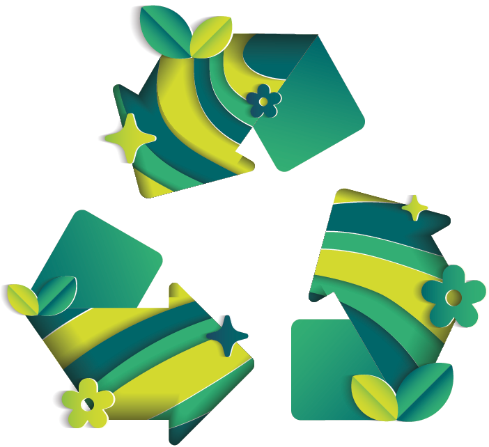 Ilustração. Símbolo de reciclagem, composto por três flechas em verde, com a ponta inferior dobrada para dentro. Ao redor delas, listras em tons de verde, com folhas e flores. As três flechas fazem o formato de um triângulo.