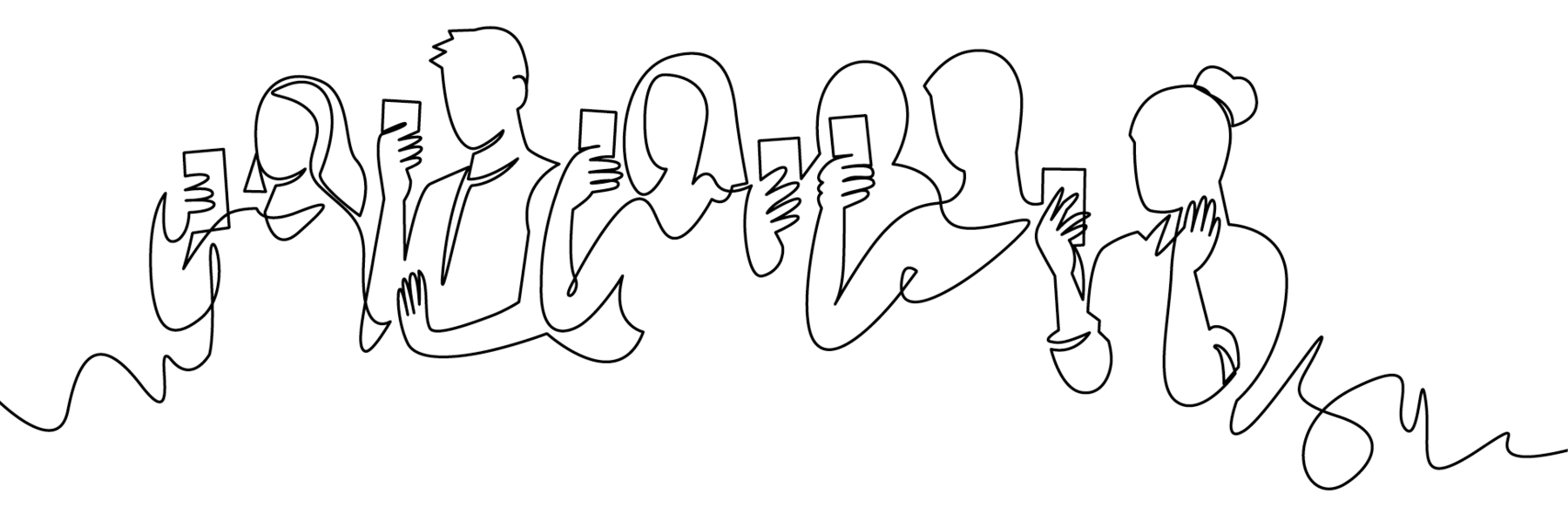 Ilustração em preto e branco. Silhuetas de seis pessoas, uma ao lado da outra conectadas por contorno, cada uma segurando um celular na mão direita. Veem-se mulheres e homens, com celular de frente para o rosto.