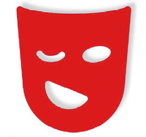 Ilustração. Em vermelho, uma máscara de teatro, com o olho esquerdo piscando e o outro olho aberto, com a boca aberta.