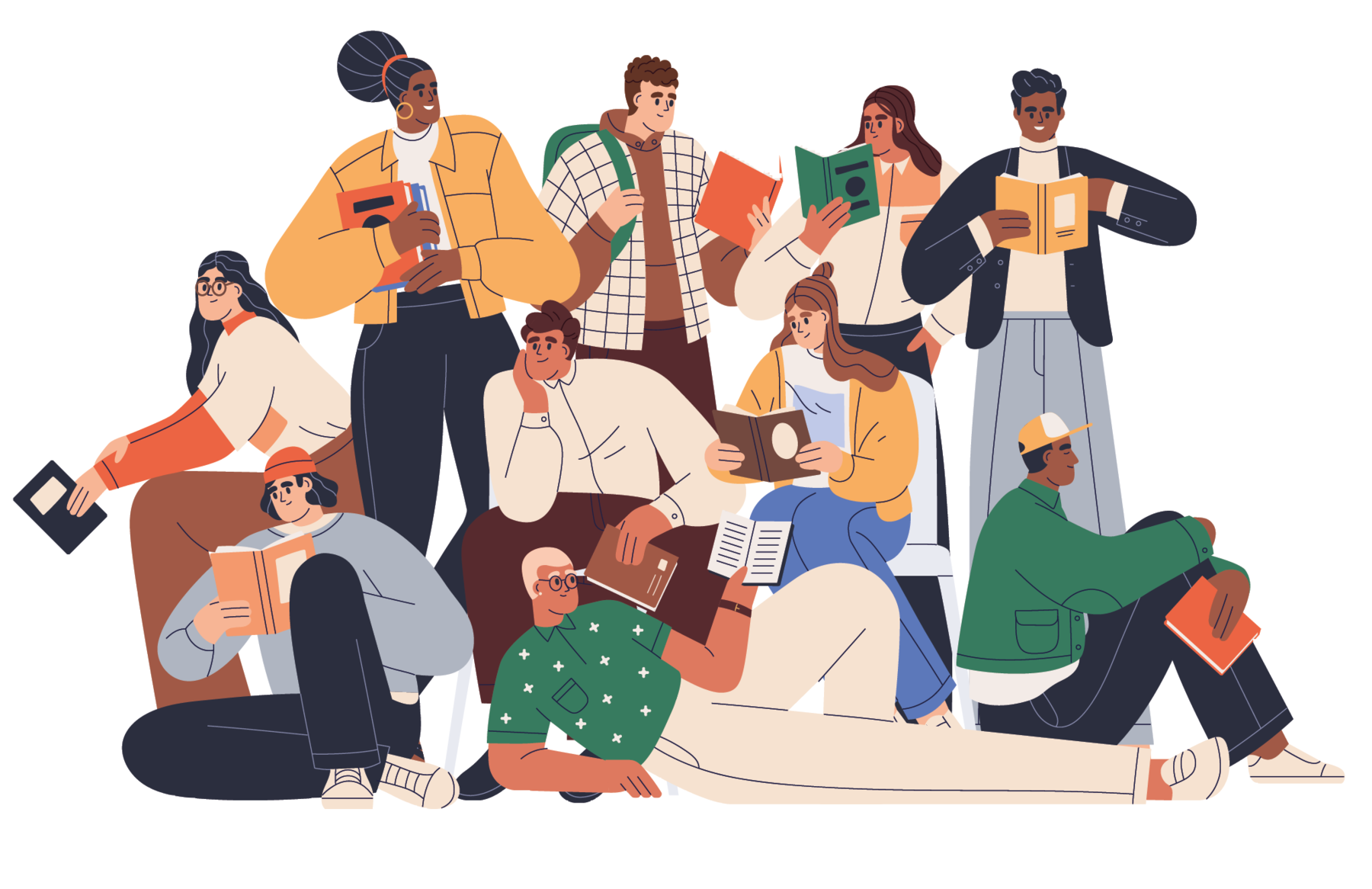 Ilustração. Dez jovens segurando um livro nas mãos. Três jovens sentados sobre o chão, três sentados no banco e quatro em pé. São três mulheres e sete homens, de diferentes tons de pele, roupas de cores diversas.