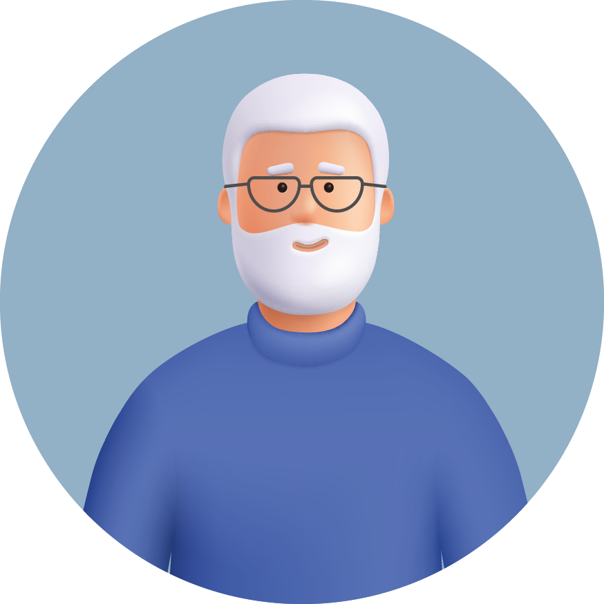 Ilustração. Um homem visto da cintura para cima, de cabelos e barba brancos, com óculos de grau e blusa de mangas compridas em azul.