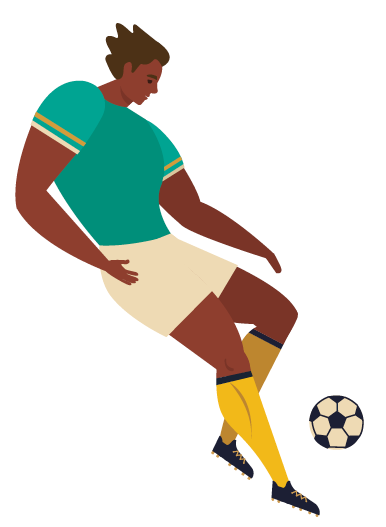 Ilustração. Um homem de cabelos pretos, com camiseta em verde, detalhes das mangas e meias em amarelo, com bermuda em bege-claro. Ele está com o corpo para a direita e bola de futebol perto do pé direito.