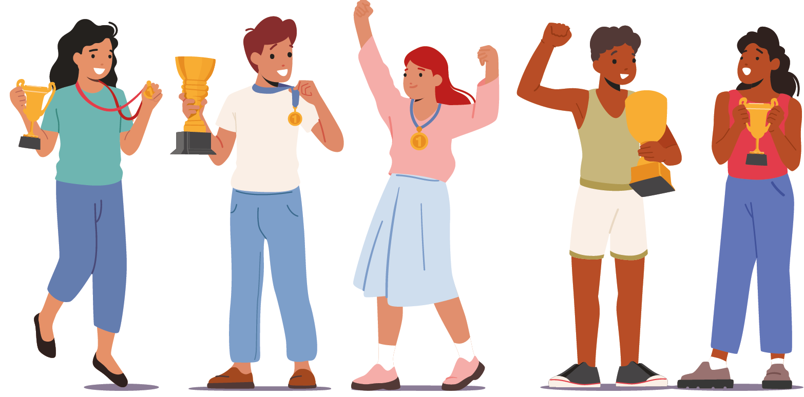 Ilustração. Cinco jovens, um ao lado do outro, quatro deles com troféu em amarelo. Da esquerda para a direita: menina de cabelos ondulados em preto, com camiseta em verde, calça azul e sapatos marrons. Ela segura na mão direita o troféu e, na mão esquerda, uma medalha sobre o pescoço. Ao lado, menino de cabelos castanhos, de camiseta branca, gola e calça em azul e sapatos marrons. Na mão direita, troféu e na mão esquerda está segurando medalha no pescoço. Ao centro, menina de cabelos ruivos com franja, blusa de mangas compridas em rosa, sapatos da mesma cor e sobre o pescoço, medalha pendurada e braços esticados para cima. Mais à direita, um garoto de cabelos pretos, com regata em bege, bermuda branca e tênis em azul e branco, com braço direito para o alto e troféu na mão esquerda. Na ponta da direita, menina de cabelos pretos, com blusa regata em vermelha, calça azul e sapatos cinzas, segurando nas mãos um troféu amarelo.