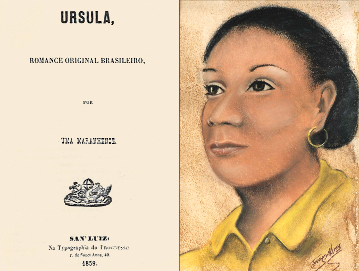 Capa e contracapa de livro. À esquerda, página de cor bege com o texto Úrsula, romance original brasileiro, por uma maranhense. À direita, em toda a página, uma mulher vista dos ombros para cima, com o corpo para a esquerda. Ela tem cabelos pretos, crespos para trás em coque, sobrancelhas finas, olhos pretos, nariz um pouco largo e par de argolas douradas nas orelhas. A mulher usa roupa de gola em amarelo.