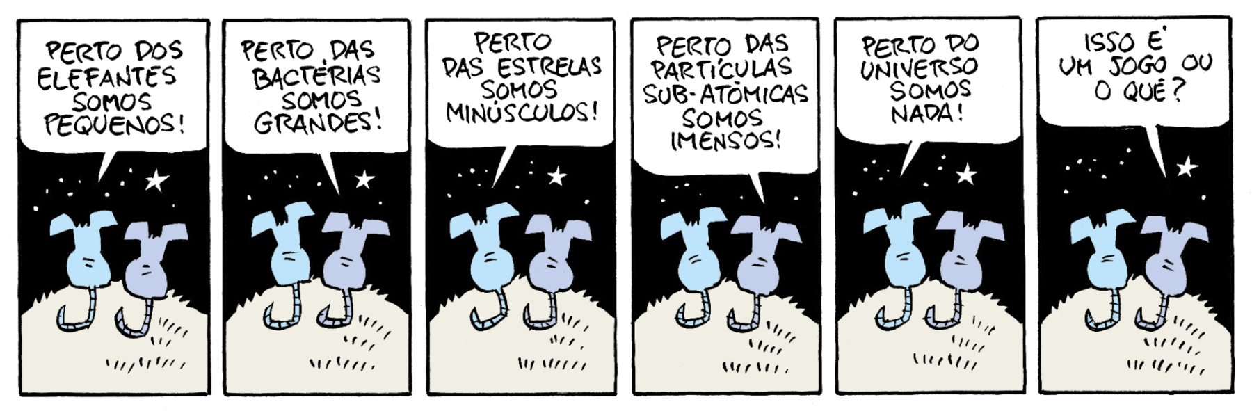 Tirinha. Tirinha composta por seis quadros. Dois ratos, um de cor azul-claro e outro em lilás e rabo de tamanho médio. Eles são vistos de costas, sobre um morro em cinza claro. Ambos estão de frente para o céu noturno preto com estrelas brancas. Q1 – À esquerda, o rato azul-claro, ao lado do outro, diz: PERTO DOS ELEFANTES SOMOS PEQUENOS! Q2 – À direita, o rato lilás, fala: PERTO DAS BACTÉRIAS SOMOS GRANDES! Q3 – À esquerda, o rato azul-claro, diz: PERTO DAS ESTRELAS SOMOS MINÚSCULOS! Q4 – À direita, o rato lilás, afirma: PERTO DAS PARTÍCULAS SUB-ATÔMICAS SOMOS IMENSOS! Q5 – À esquerda, o rato azul-claro, fala: PERTO DO UNIVERSO SOMOS NADA! Q6 – À direita, o rato lilás, pergunta: ISSO É UM JOGO OU O QUÊ?