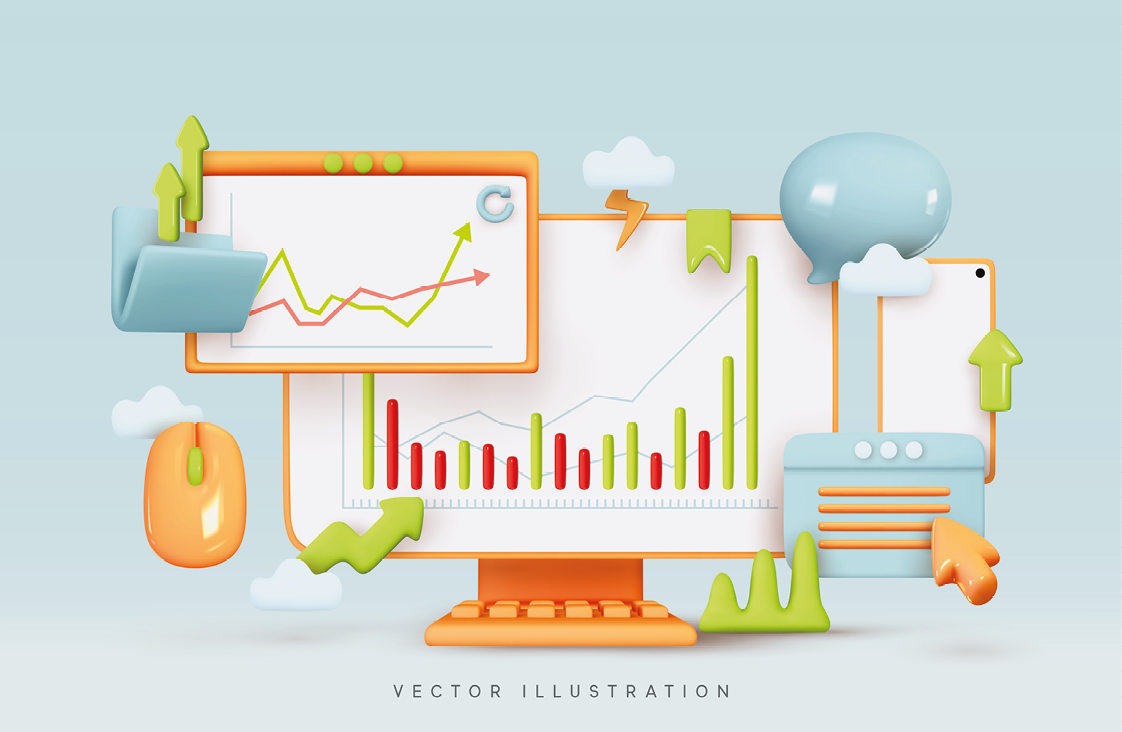 Ilustração. Ao centro, tela laranja na horizontal e gráfico com barras na vertical em verde e vermelho. Na ponta superior, à esquerda, retângulo com gráfico e duas linhas em flecha para a direita, uma verde e outra vermelha. Sobre ela, uma pasta em azul e duas flechas para cima em verde. Na parte inferior, à esquerda, mouse laranja com detalhe em verde. À direita, um retângulo azul e linhas e flecha em laranja. Ao fundo, celular na vertical branco com contorno em laranja e flecha verde para cima. Ao redor e ao fundo, nuvens e flechas. Na ponta inferior, texto: VECTOR ILLUSTRATION.