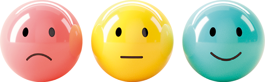 Ilustração. Três esferas coloridas representando emojis em formato de rosto. Da esquerda para a direita: esfera rosa, de olhos pretos e boca para baixo em preto; esfera amarela, com olhos pretos e boca reta em preto; esfera em azul, de olhos pretos e boca para cima em preto.