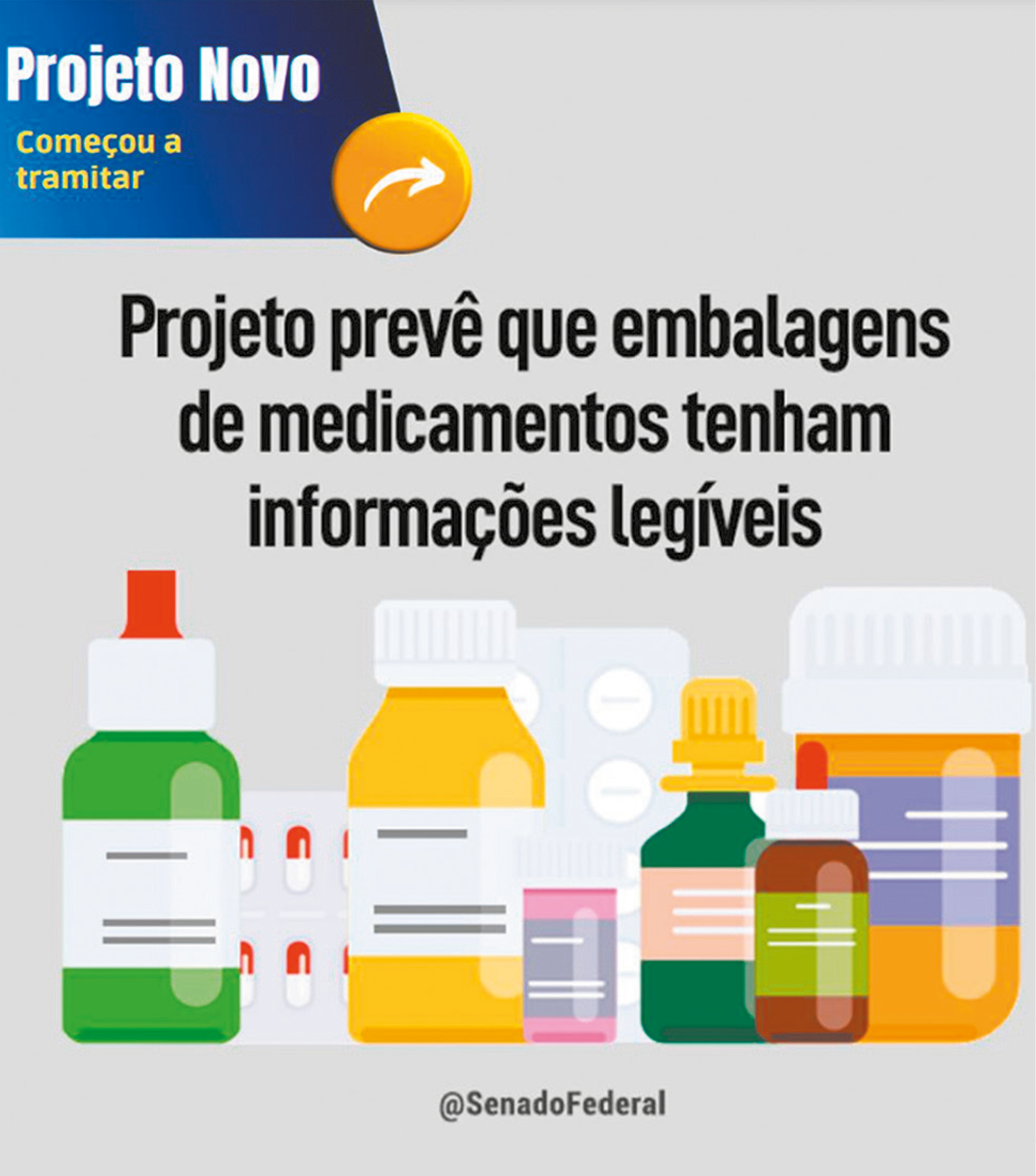 Cartaz. Ao fundo, grande parte em cinza, na ponta da esquerda em azul. Texto:
Projeto Novo começou a tramitar.
Projeto prevê que embalagens de medicamentos tenham informações legíveis 
Na parte inferior, várias embalagens de medicamentos: frascos em verde, amarelo e laranja, outros três menores. Mais ao fundo, cartela de compridos.
Na parte inferior, texto: @SenadoFederal.