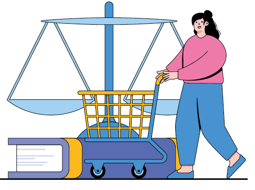 Ilustração. À direita, uma menina de cabelos escuros, longos, penteados para trás, vestida com blusa de frio rosa, calça e sapatos em azul. Ela está com as mãos sobre um carrinho de compras em amarelo e azul. À esquerda, um livro de capa em azul e amarelo. Ao fundo, uma balança de cor azul-claro.