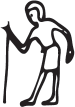 Ilustração em preto e branco. Desenho de uma pessoa em pé, com o tronco curvado, apoiando-se num bastão, visto de perfil.