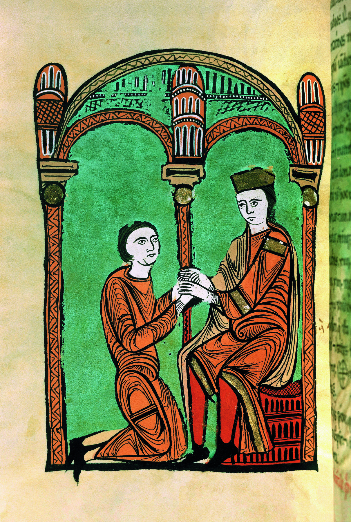 Iluminura. Dois homens vestindo túnicas alaranjadas. Um deles está sentado, à direita, e o outro está ajoelhado diante do primeiro, à esquerda. Eles estão de mãos dadas.