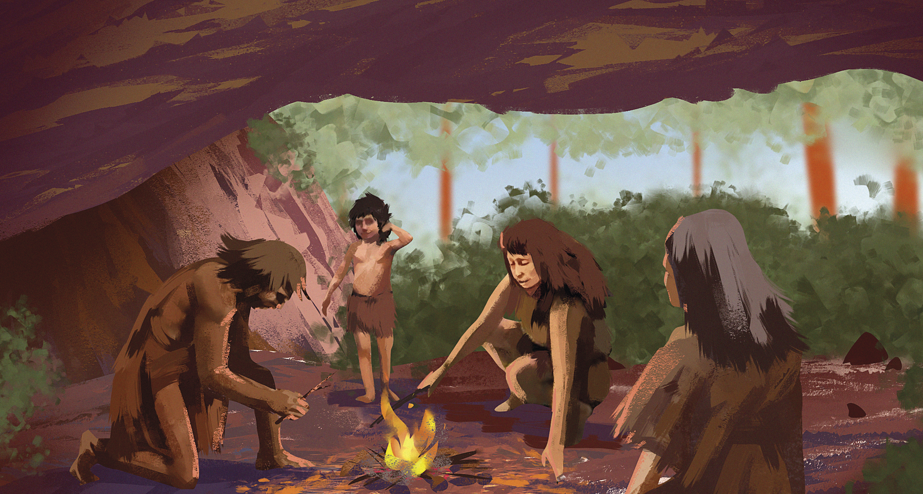 Ilustração. Um homem, duas mulheres e uma criança usando roupas feitas de pelos de animais cobrindo o corpo, ao redor de uma fogueira, dentro de uma caverna. O homem e uma das mulheres estão segurando gravetos.