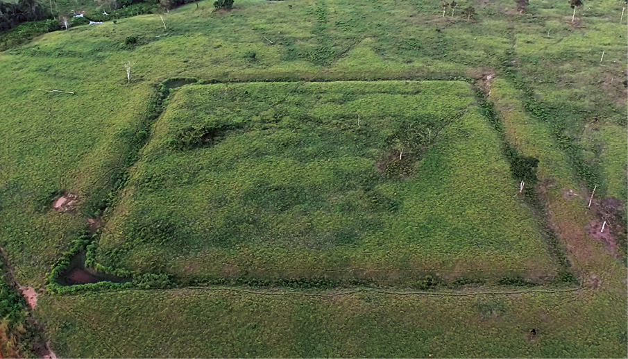 Fotografia. Vista aérea de um campo gramado com sulcos formando um polígono de quatro lados.