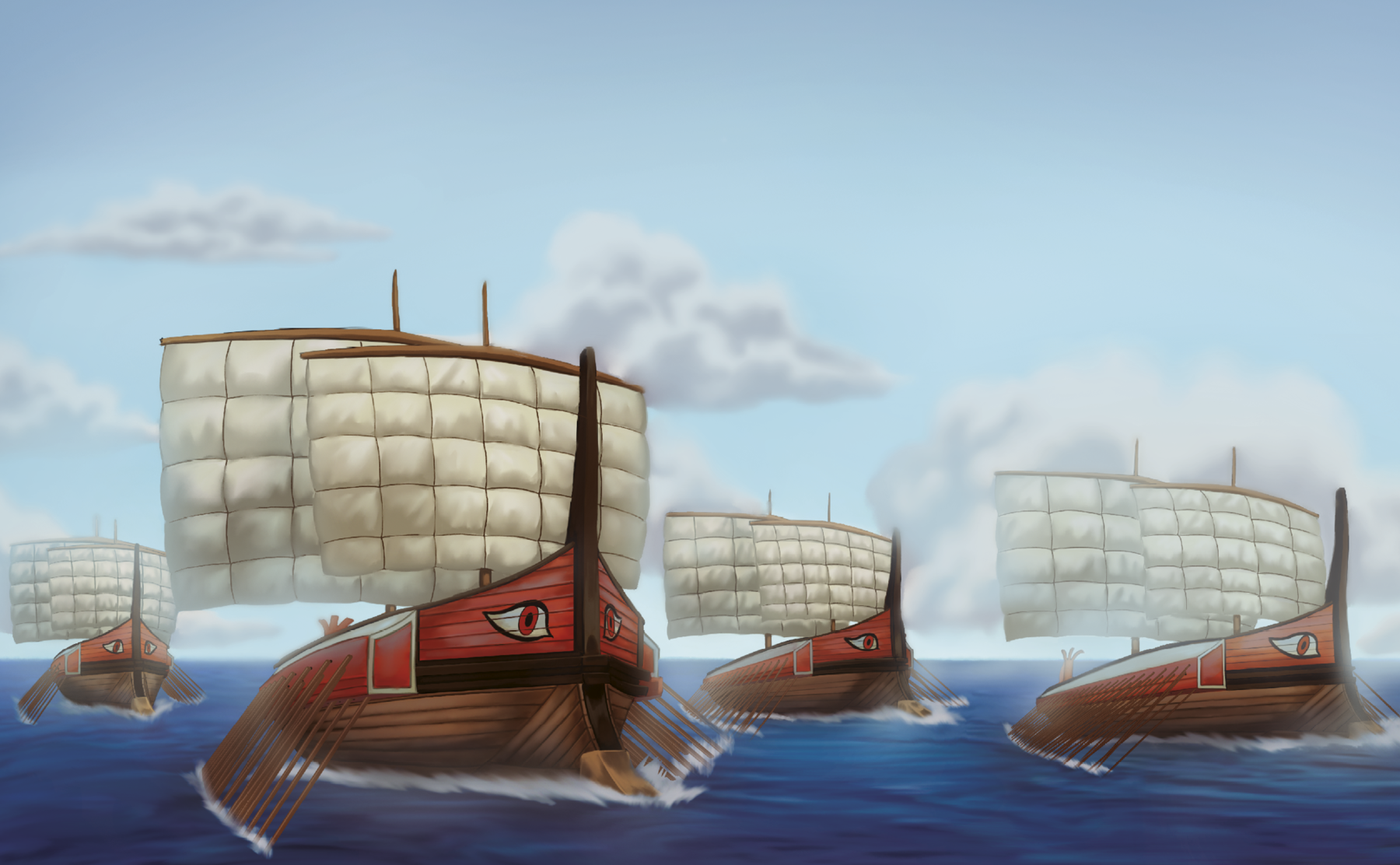 Ilustração. Quatro navios de madeira, com o casco arredondado, em alto-mar. Cada um tem duas velas, em formato retangular, e muitos remos nas laterais. Todos são decorados com olhos na proa.