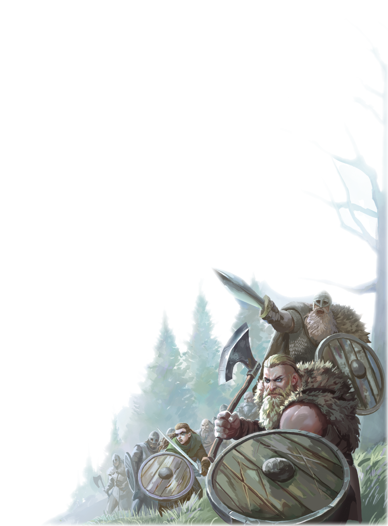 Ilustração. Representação de guerreiros vikings com barba e vestindo roupas de peles de animais segurando escudos de madeira e armas como machados e espadas.