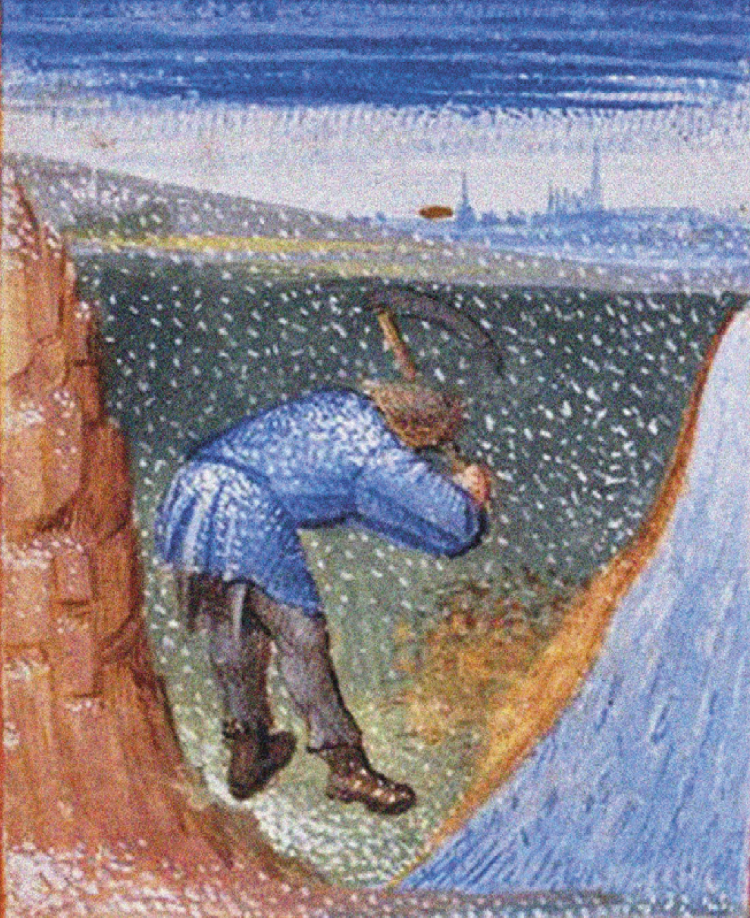 Pintura. Homem usando camisa comprida azul, calça preta e botas trabalha com uma enxada em um campo. Do lado esquerdo, uma encosta sem terra e, do lado direito, há um rio.
