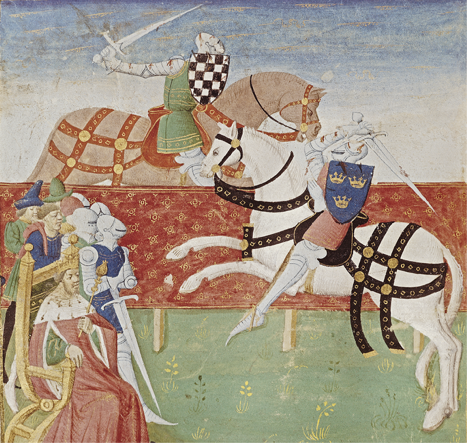 Iluminura. Em primeiro plano, dois homens montados em cavalos duelam. Ambos usam armaduras e carregam um escudo e uma espada. À esquerda, homens assistem, alguns com armaduras e espada, e um deles, que usa uma coroa e um manto vermelho, está sentado em um trono.