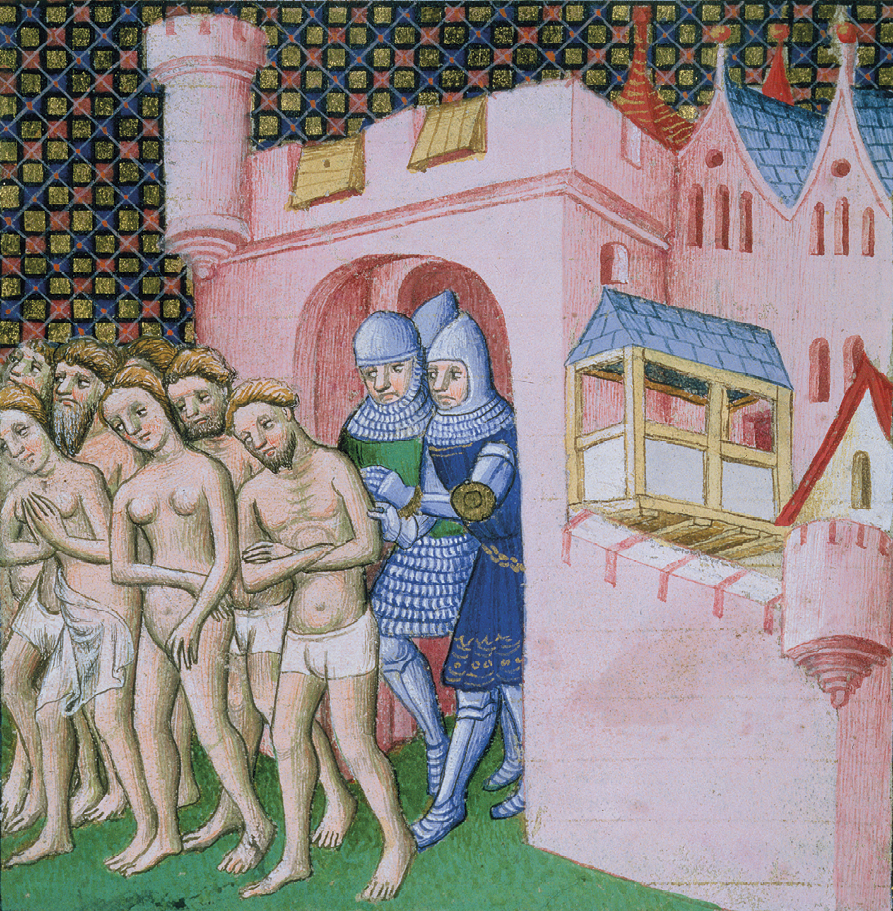 Iluminura. À esquerda, um castelo com as paredes cor de rosa. No portão do castelo, soldados vestindo armaduras conduzem um grupo de pessoas seminuas para fora.