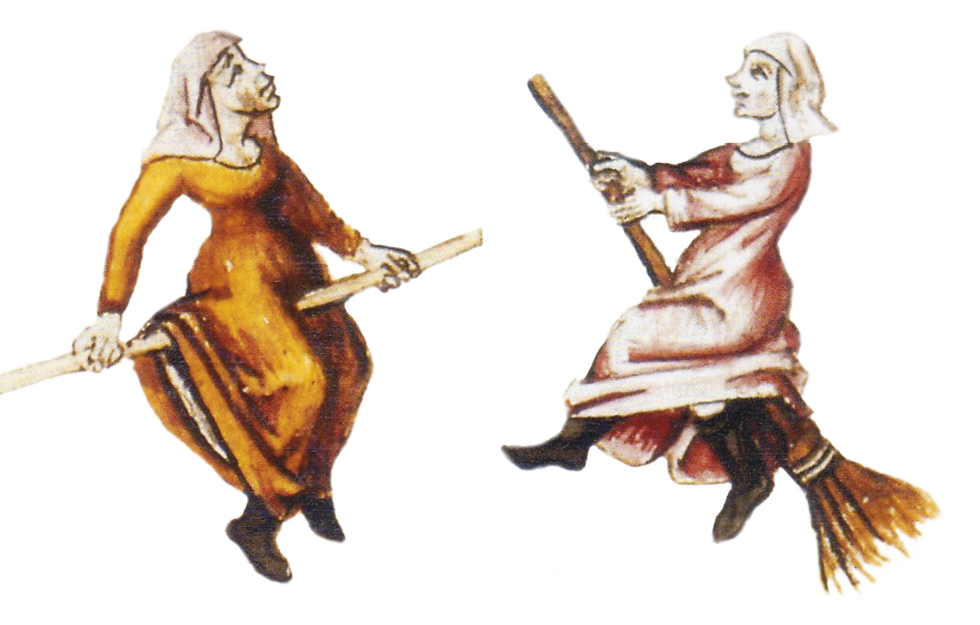 Iluminura. Duas mulheres usando vestidos longos e lenços na cabeça estão voando montadas em vassouras, uma de frente para a outra.
