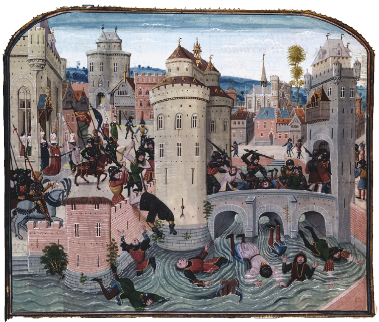 Iluminura. Homens com armaduras montados em cavalos, segurando lanças ou espadas invadem uma cidade composta de construções com torres e atacam as pessoas. Em primeiro plano, pessoas estão sendo jogadas de uma ponte em um rio.
