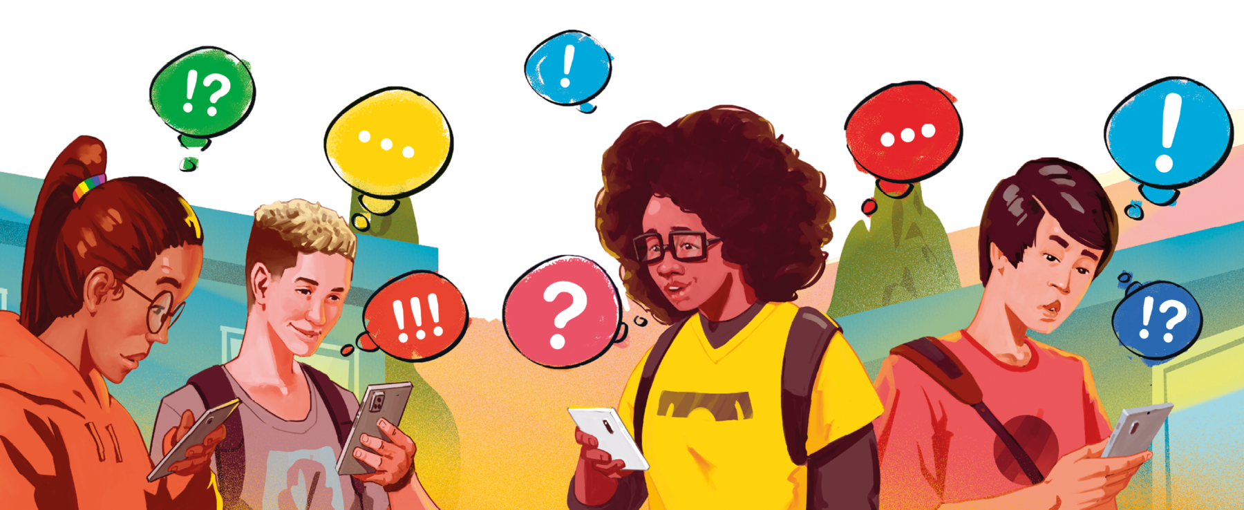 Ilustração. Quatro jovens olham para seus celulares. Ao redor da cabeça deles há balões de pensamento com pontos de exclamação, interrogação e reticências.