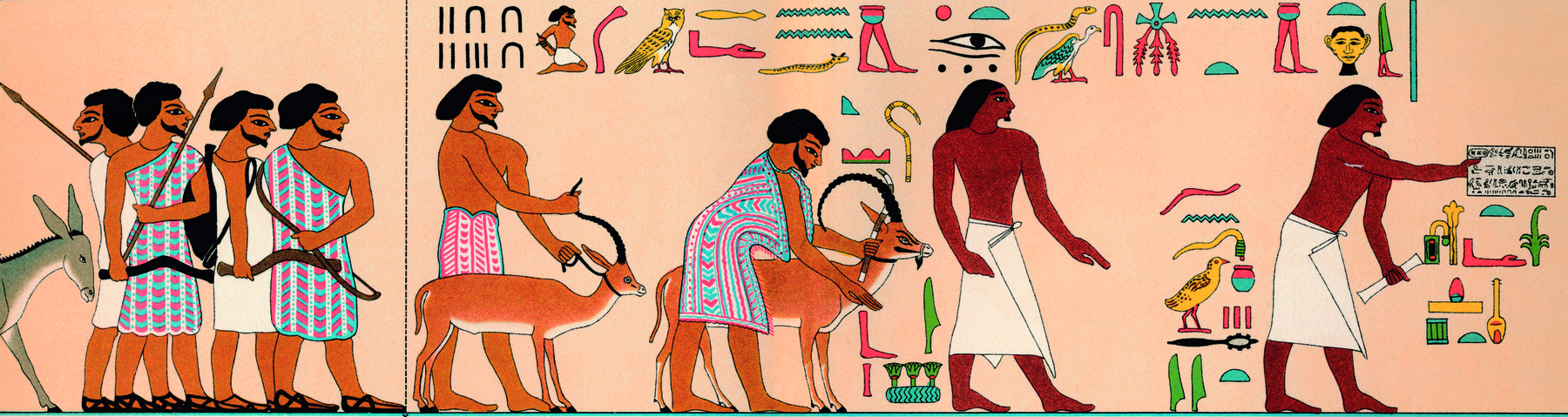 Afresco. Desenho de homens de perfil, virados para a direita, alguns segurando lanças ou arco e flecha, com um burro ao lado, outros segurando duas gazelas pelo chifres, e outros segurando papiros, com inscrições hieroglíficas ao fundo.