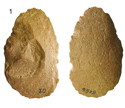 Fotografia 1. Objeto de pedra bege visto de frente e verso. Tem formato oval irregular e entalhes na face frontal.