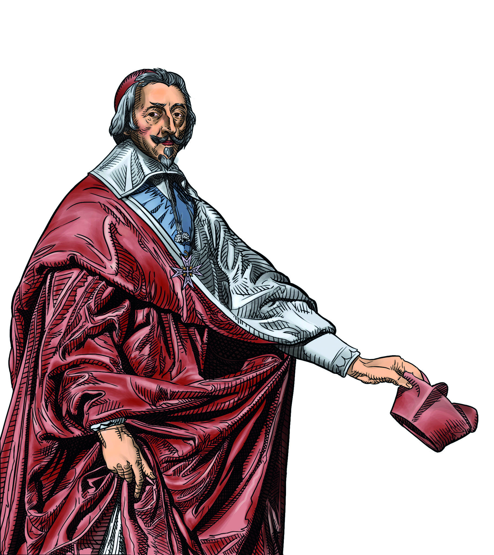 Ilustração. Homem de cavanhaque grisalho usando camisa branca de gola grande, manto vermelho comprido, um tipo de boina vermelha na cabeça e uma corrente grande com um pingente de cruz no centro do peito. Ele segura um chapéu religioso vermelho em uma das mãos.
