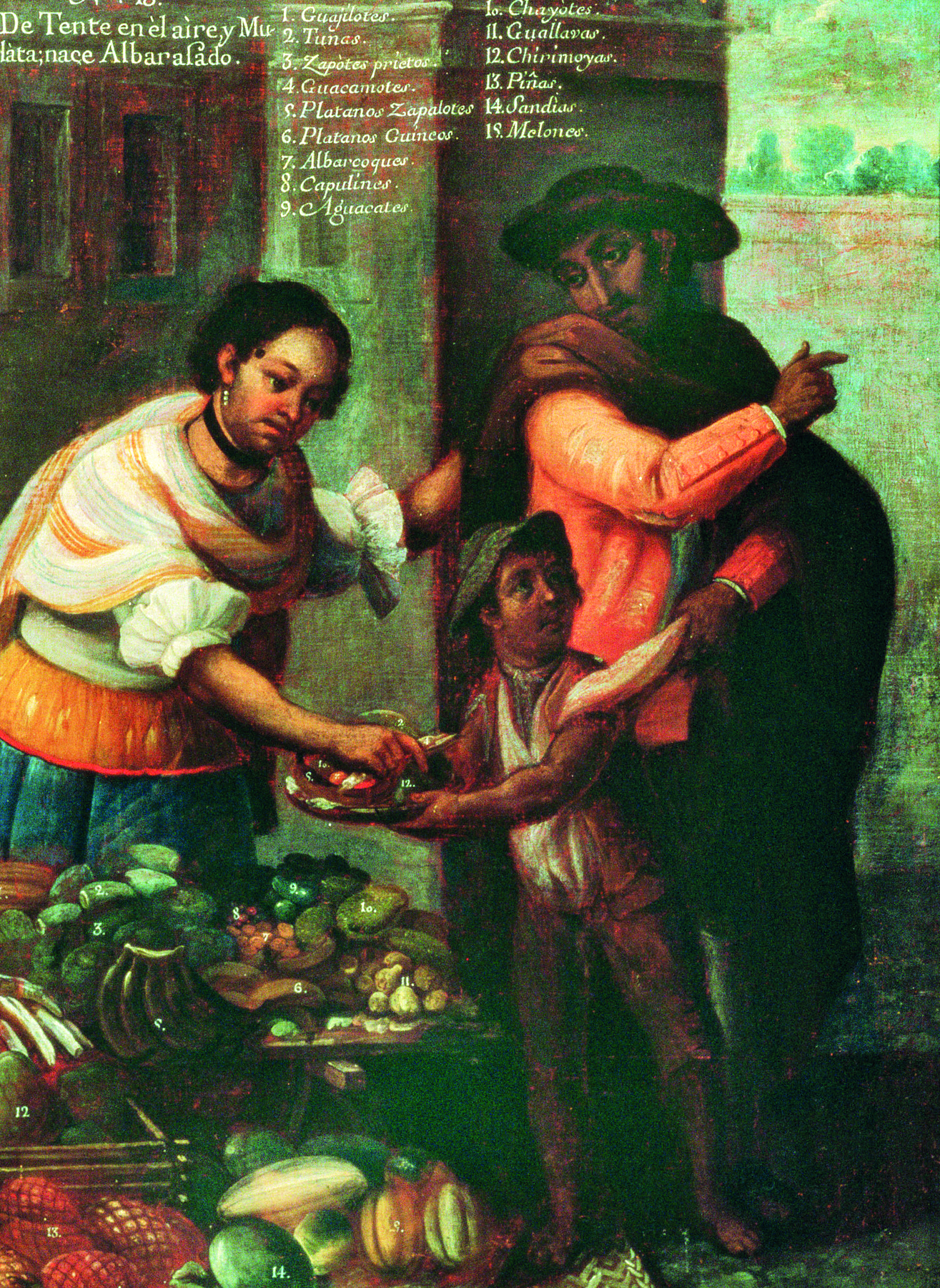 Pintura. Uma criança mestiça segura um prato com frutas que uma mulher branca coloca acompanhados de um homem indígena. Em primeiro plano, uma mesa cheia de frutas.