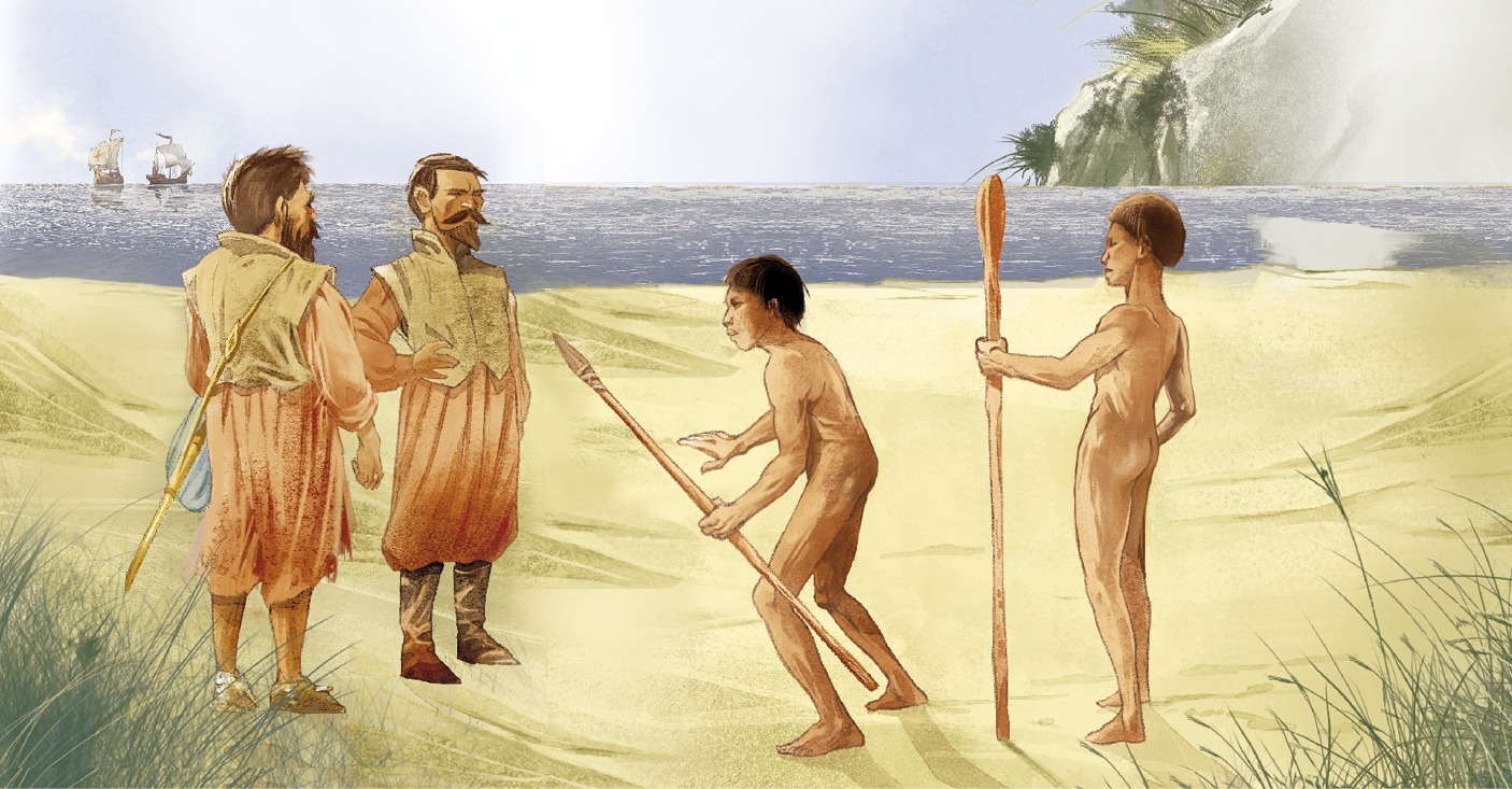 Ilustração. Quatro homens em primeiro plano estão em uma praia. À esquerda, dois homens brancos com barba, vestidos com peças laranja e bege e com botas estão de frente para dois homens indígenas, à direita, que estão nus e segurando lanças. Ao fundo, o mar com duas caravelas, à esquerda, e rocha e vegetação, à direita.