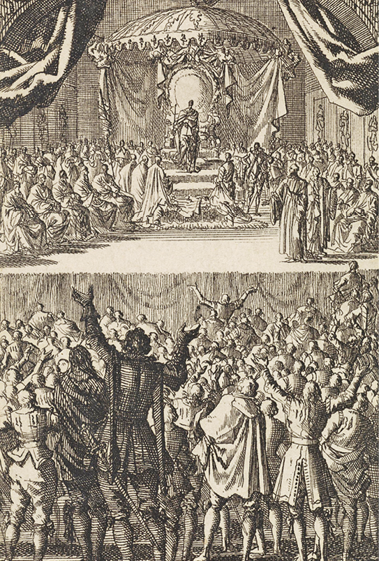 Gravura em preto e branco em dois quadros. Acima, pessoas ajoelhadas nas laterais, com um homem em pé diante de um trono ao centro, no fundo da representação. Abaixo, pessoas reunidas, erguendo as mãos para o alto.